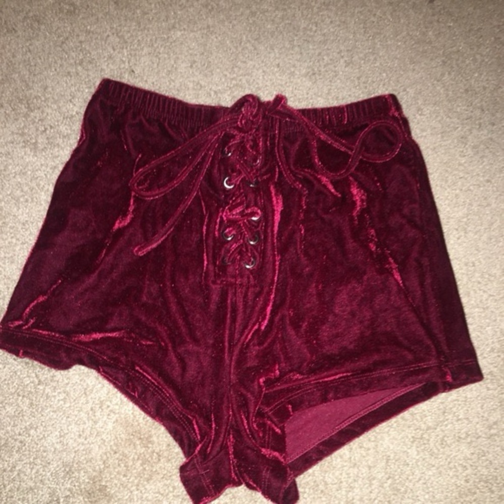 **LIGHTLY WORN** forever 21 burgundy wine velvet velour shorts with lace up